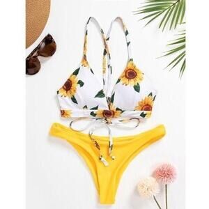 ZAFUL small White yellow Vibrant sunflower triangle bikini top lace-up strappy